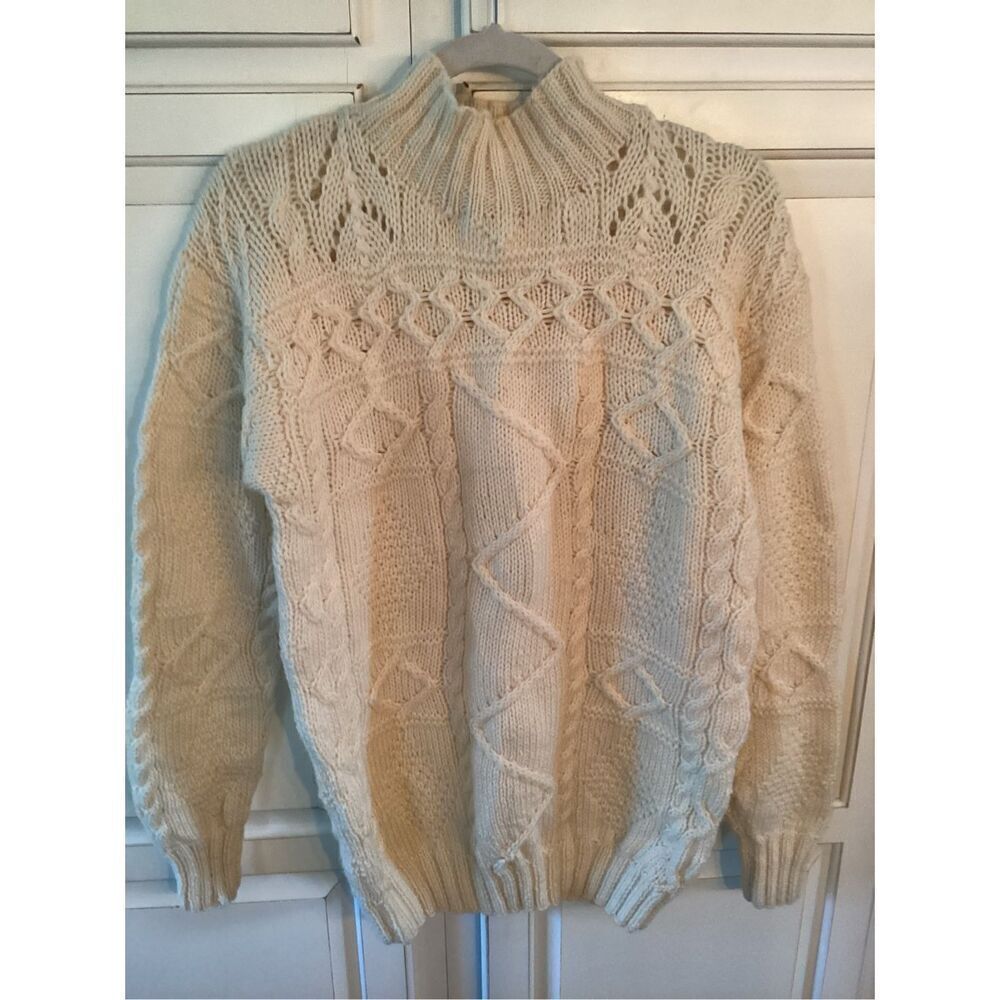 White Wheeler & Martha Hand Knit Fisherman Cable Knit Sweater Sz L Cream